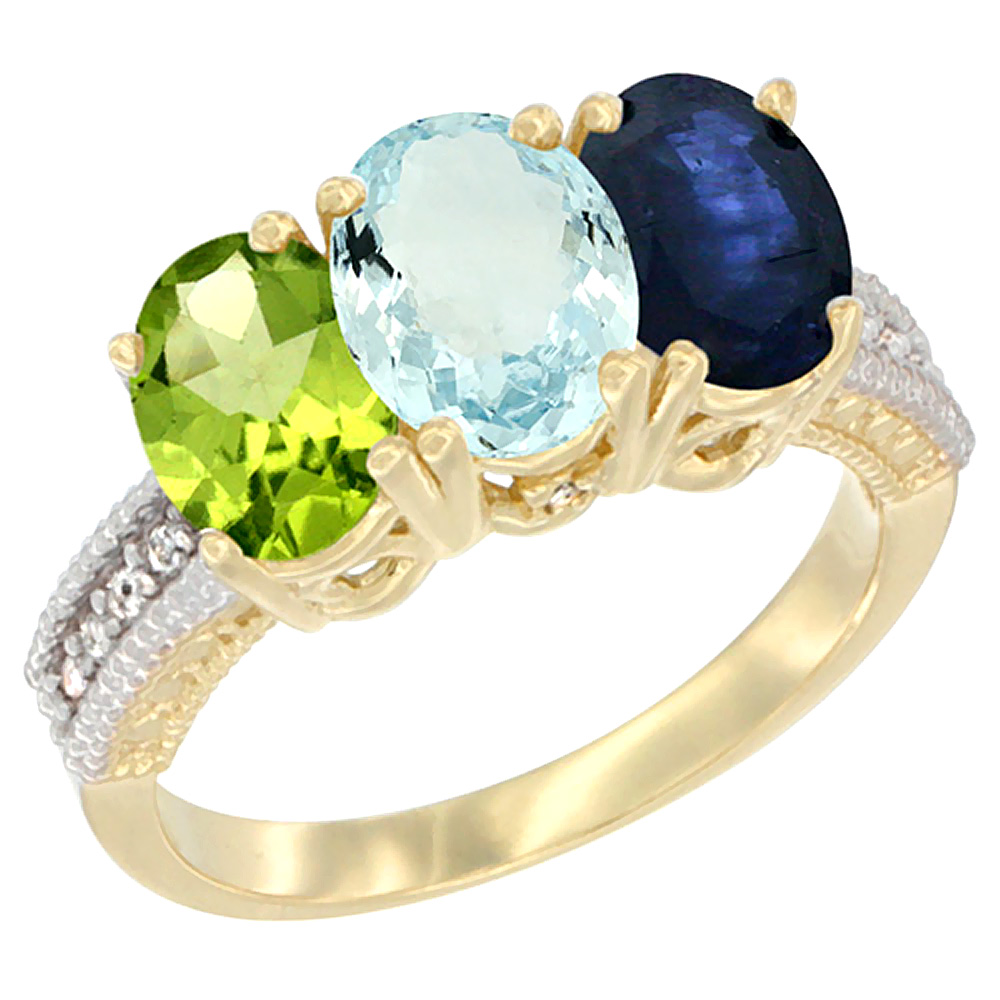 14K Yellow Gold Natural Peridot, Aquamarine & Blue Sapphire Ring 3-Stone 7x5 mm Oval Diamond Accent, sizes 5 - 10