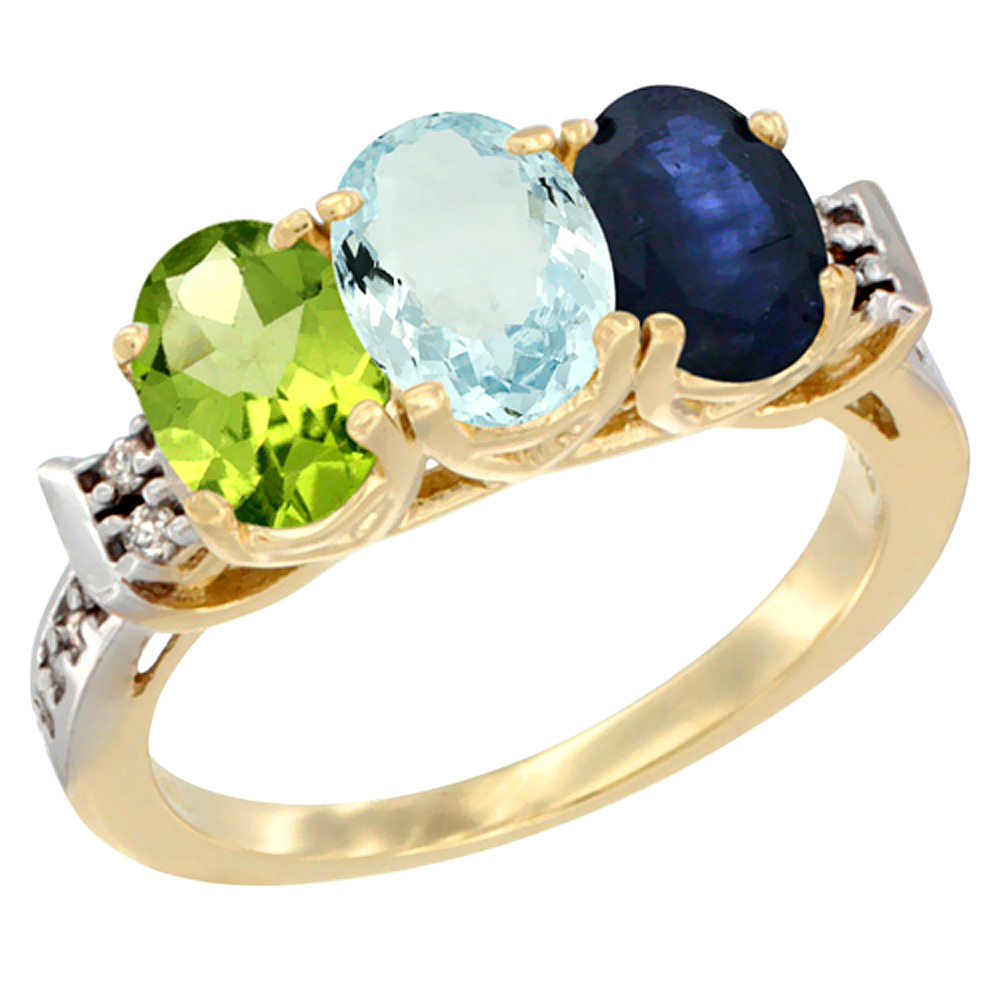 14K Yellow Gold Natural Peridot, Aquamarine &amp; Blue Sapphire Ring 3-Stone 7x5 mm Oval Diamond Accent, sizes 5 - 10