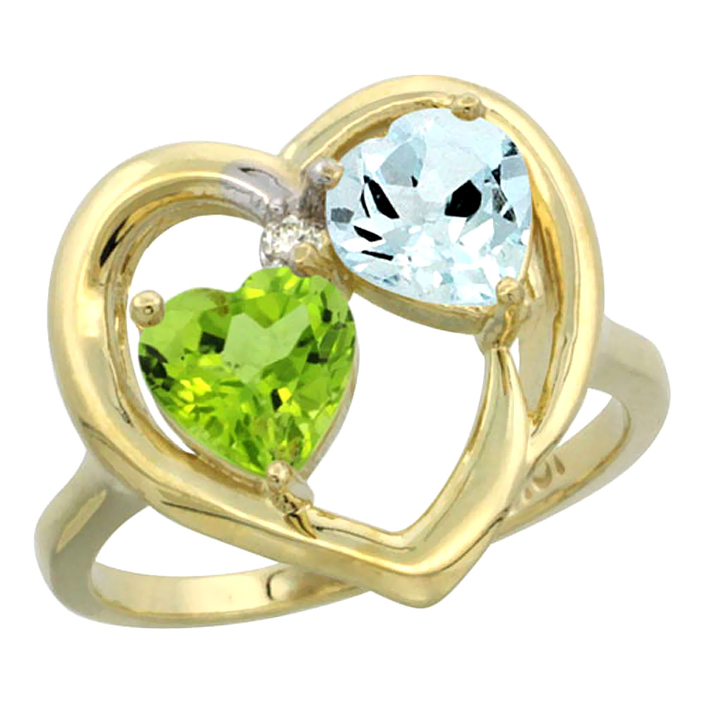 10K Yellow Gold Diamond Two-stone Heart Ring 6mm Natural Peridot &amp; Aquamarine, sizes 5-10