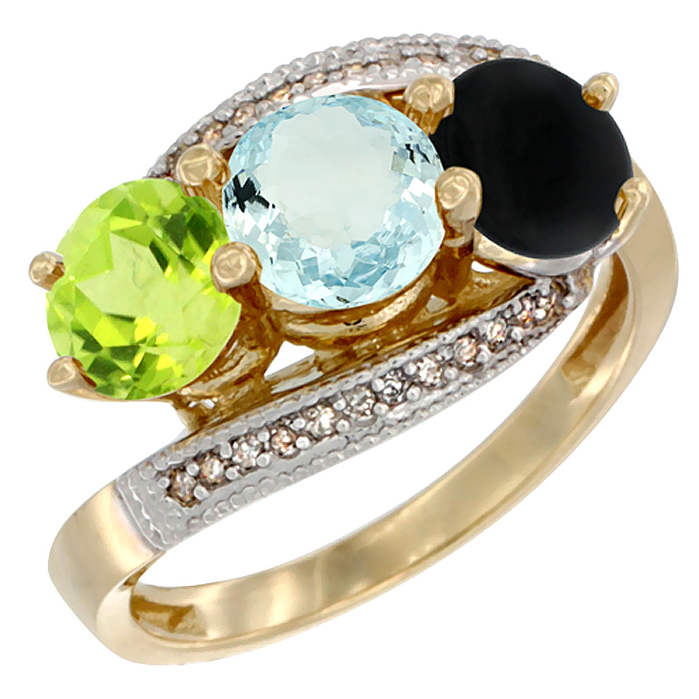 14K Yellow Gold Natural Peridot, Aquamarine & Black Onyx 3 stone Ring Round 6mm Diamond Accent, sizes 5 - 10