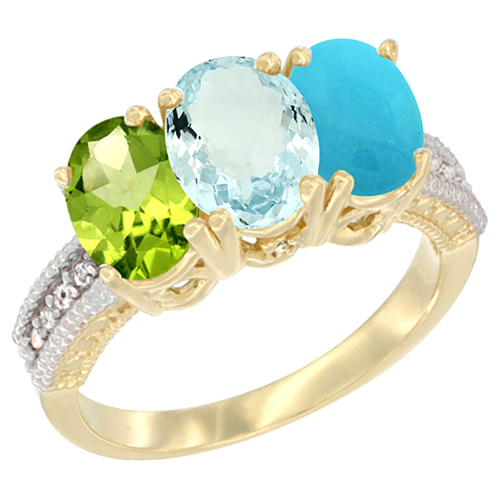 14K Yellow Gold Natural Peridot, Aquamarine & Turquoise Ring 3-Stone 7x5 mm Oval Diamond Accent, sizes 5 - 10