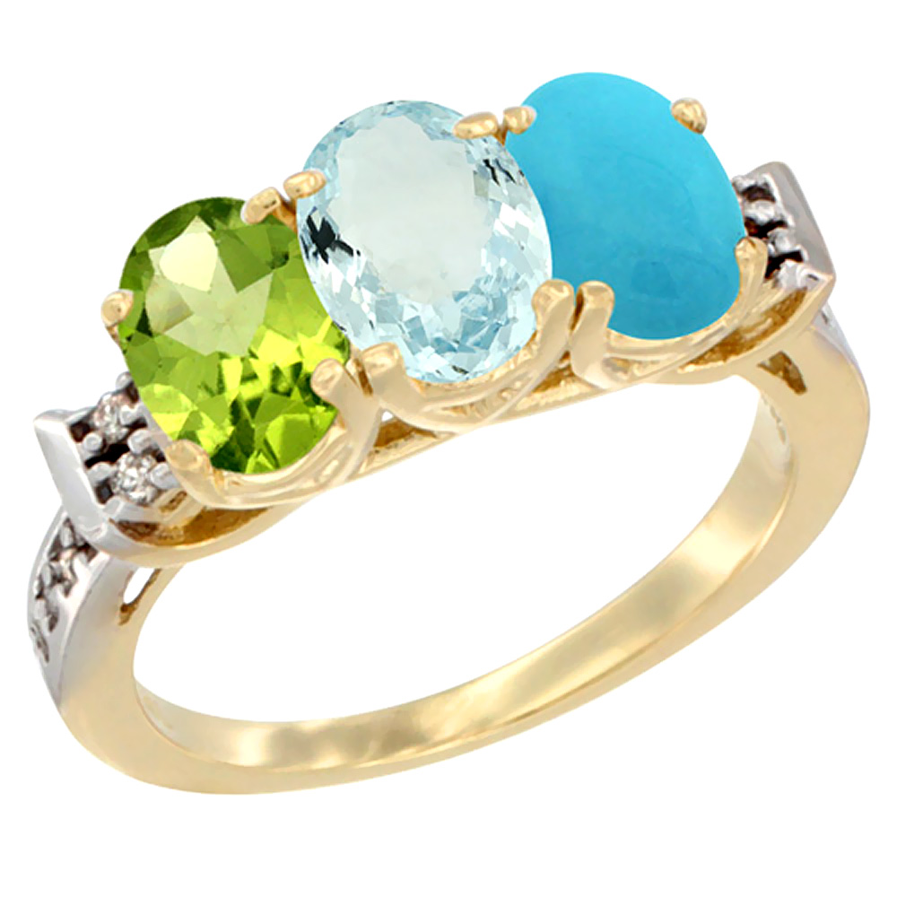 10K Yellow Gold Natural Peridot, Aquamarine &amp; Turquoise Ring 3-Stone Oval 7x5 mm Diamond Accent, sizes 5 - 10