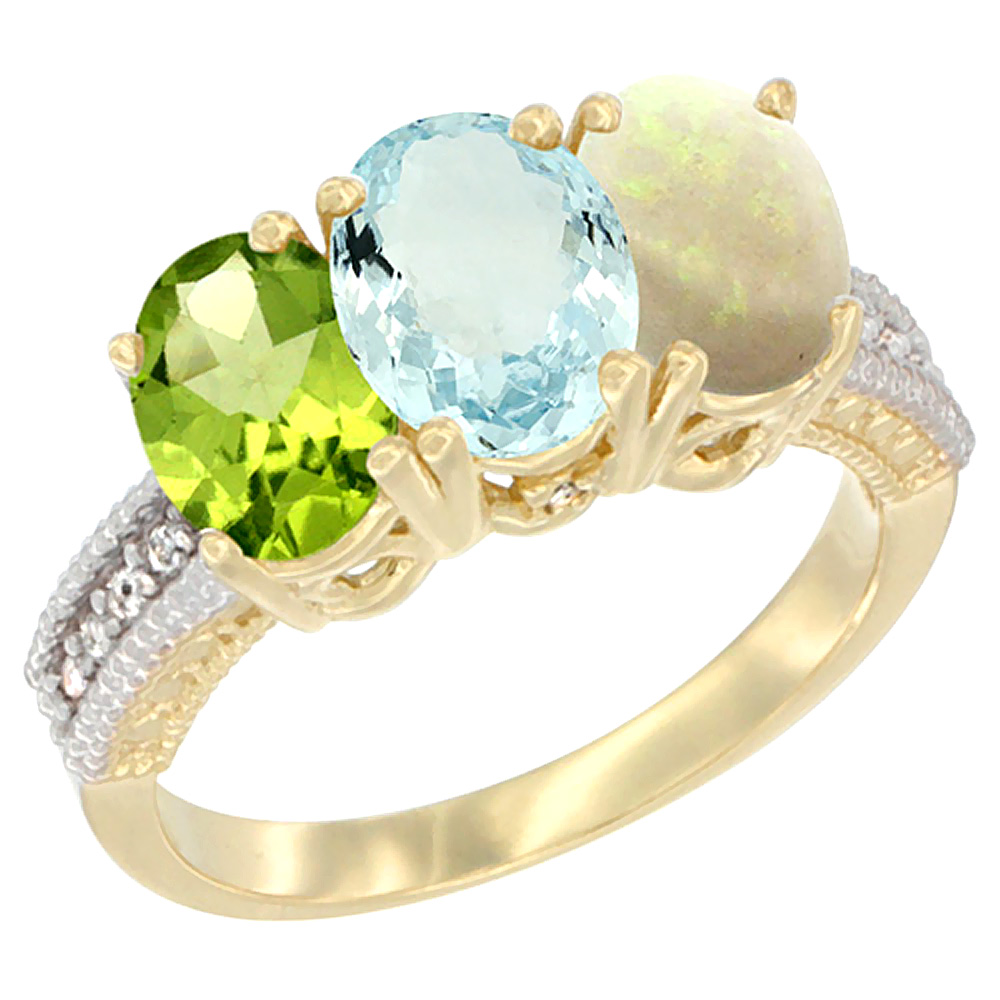 10K Yellow Gold Diamond Natural Peridot, Aquamarine &amp; Opal Ring 3-Stone 7x5 mm Oval, sizes 5 - 10