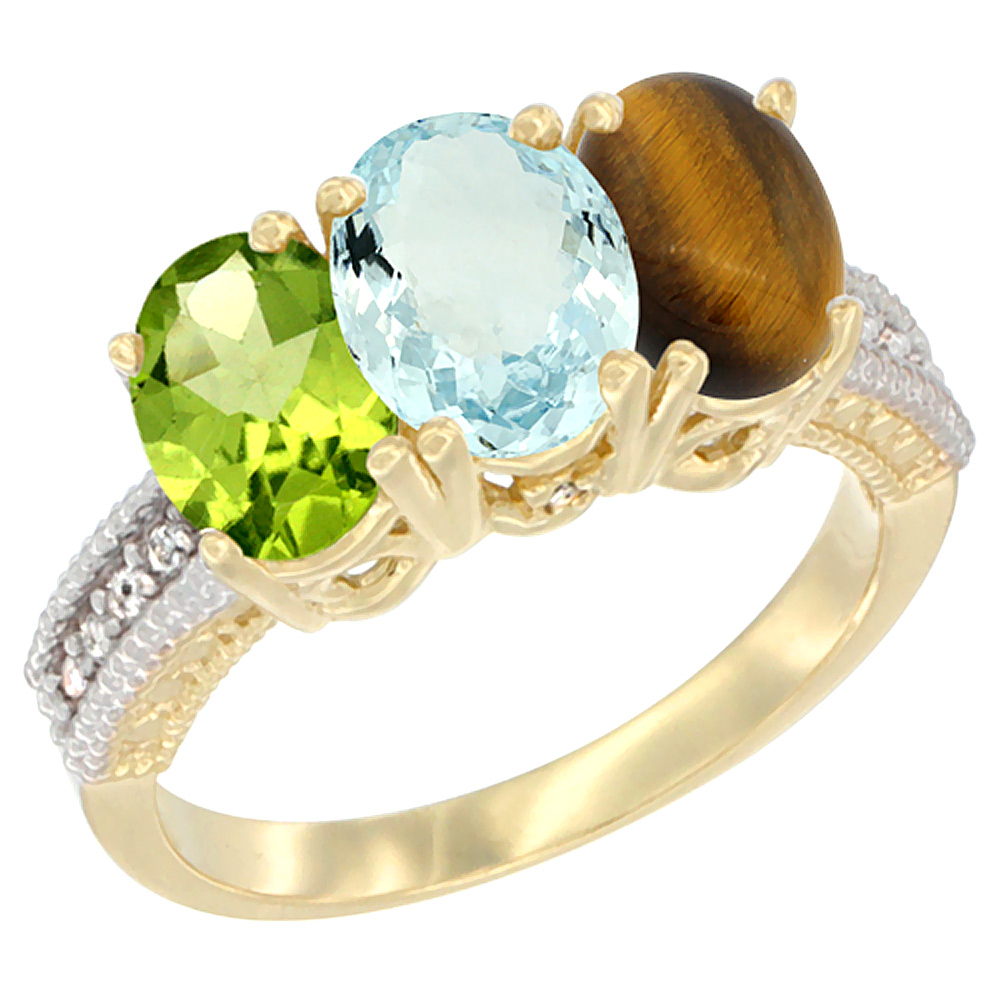 14K Yellow Gold Natural Peridot, Aquamarine & Tiger Eye Ring 3-Stone 7x5 mm Oval Diamond Accent, sizes 5 - 10