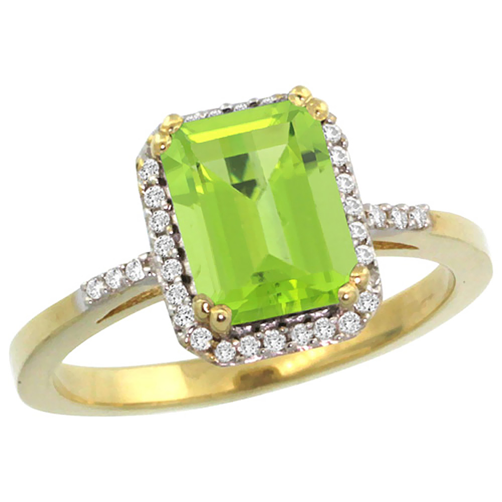 10K Yellow Gold Diamond Natural Peridot Ring Emerald-cut 8x6mm, sizes 5-10