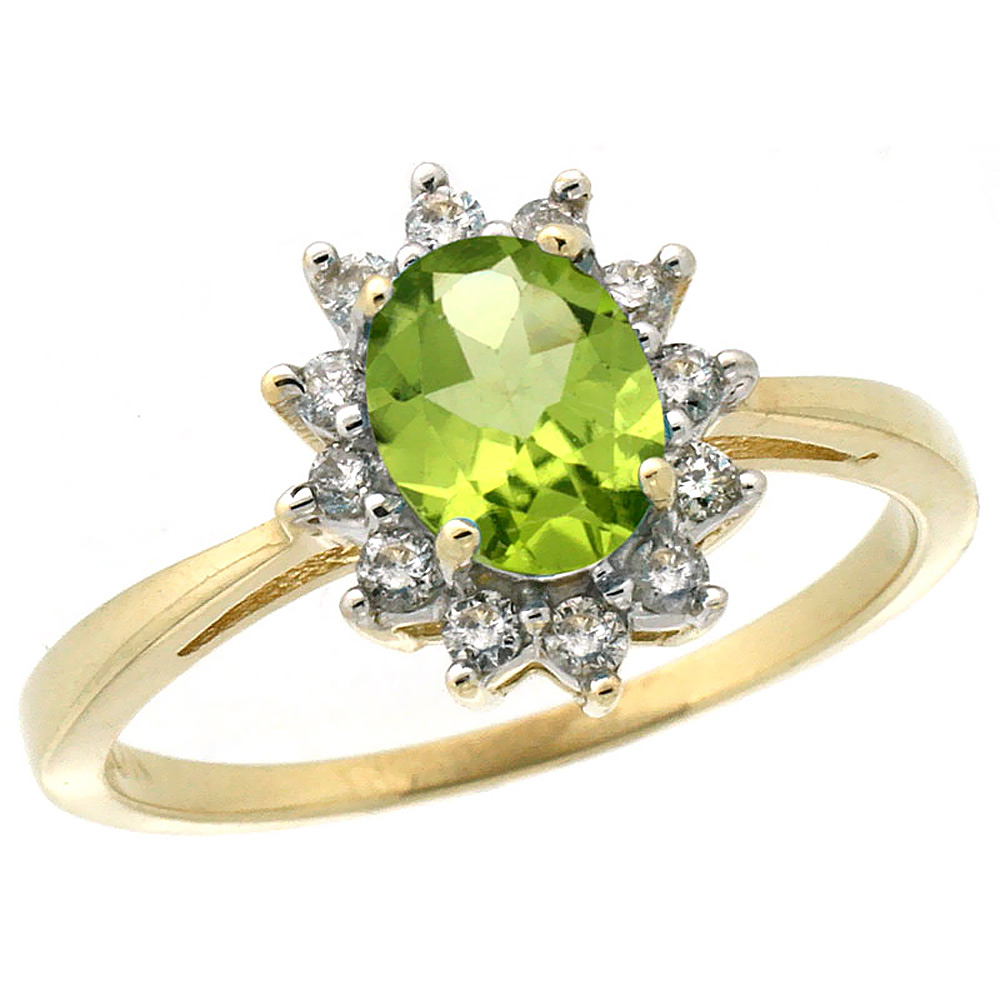 14K Yellow Gold Natural Peridot Engagement Ring Oval 7x5mm Diamond Halo, sizes 5-10