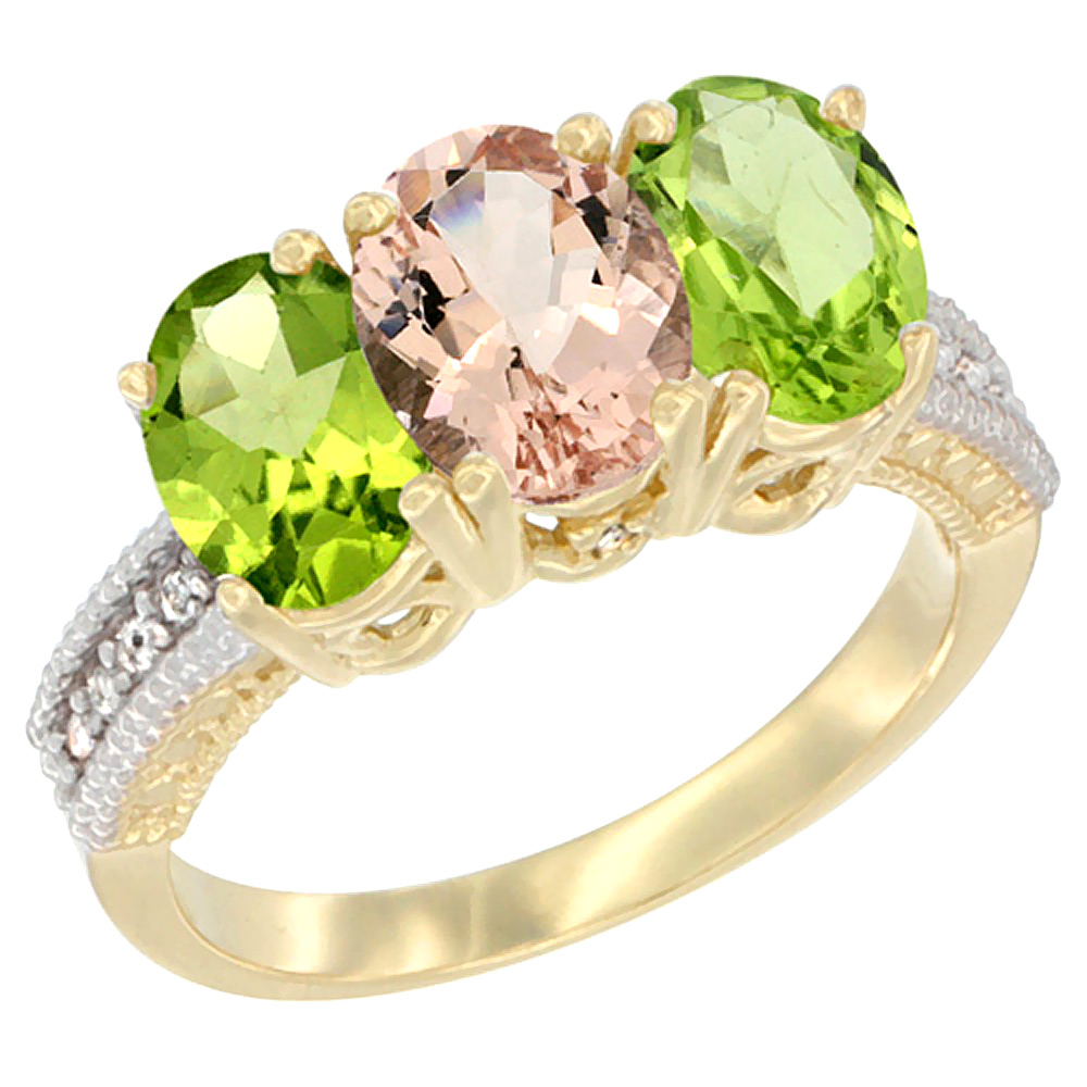 14K Yellow Gold Natural Morganite & Peridot Sides Ring 3-Stone Oval 7x5 mm Diamond Accent, sizes 5 - 10