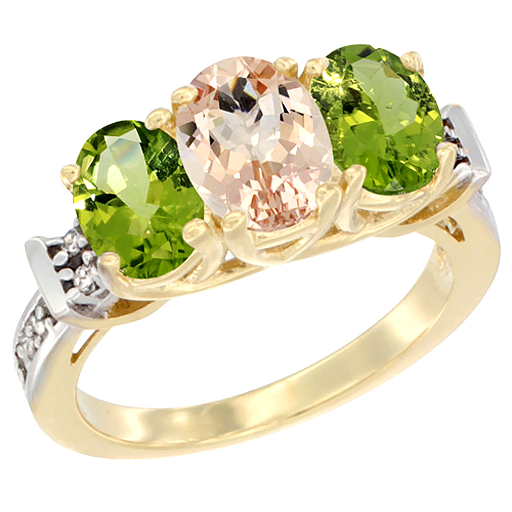 10K Yellow Gold Natural Morganite &amp; Peridot Sides Ring 3-Stone Oval Diamond Accent, sizes 5 - 10