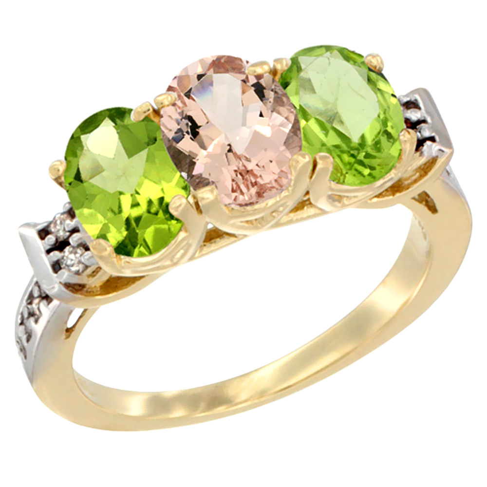 10K Yellow Gold Natural Morganite &amp; Peridot Sides Ring 3-Stone Oval 7x5 mm Diamond Accent, sizes 5 - 10