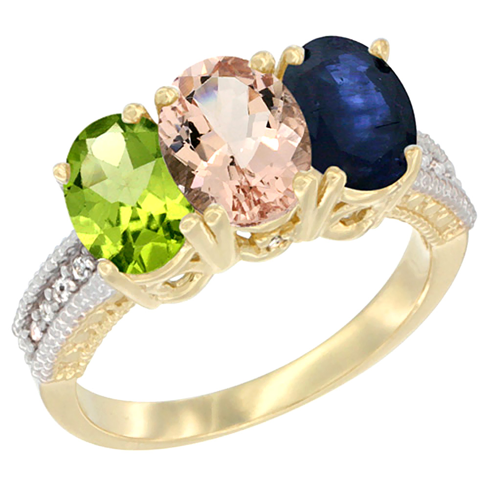 14K Yellow Gold Natural Peridot, Morganite & Blue Sapphire Ring 3-Stone Oval 7x5 mm Diamond Accent, sizes 5 - 10