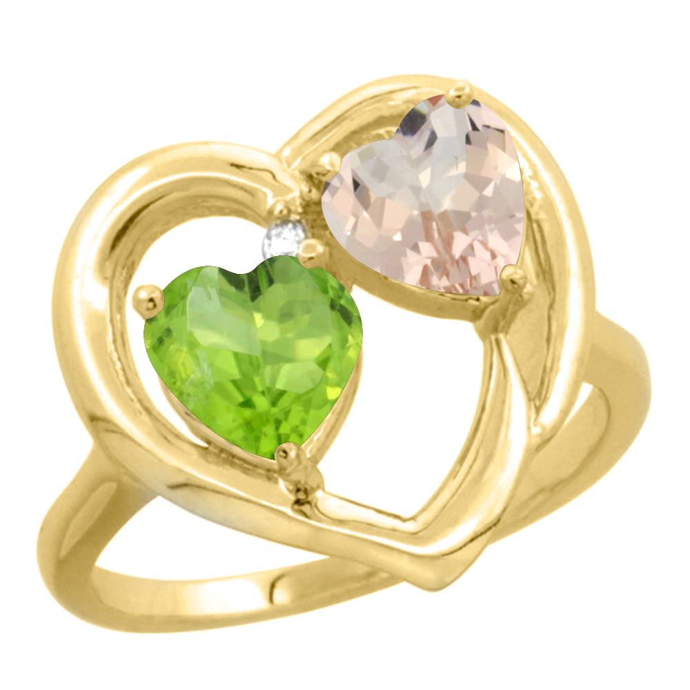 14K Yellow Gold Diamond Two-stone Heart Ring 6mm Natural Peridot & Morganite, sizes 5-10