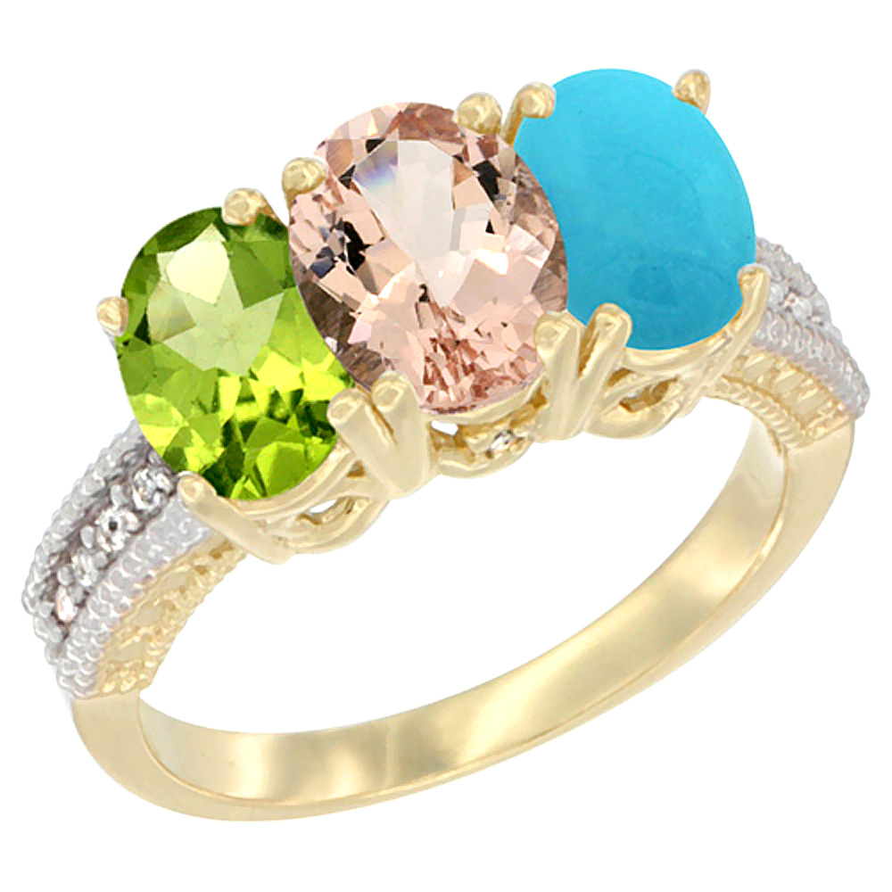 10K Yellow Gold Natural Peridot, Morganite &amp; Turquoise Ring 3-Stone Oval 7x5 mm, sizes 5 - 10