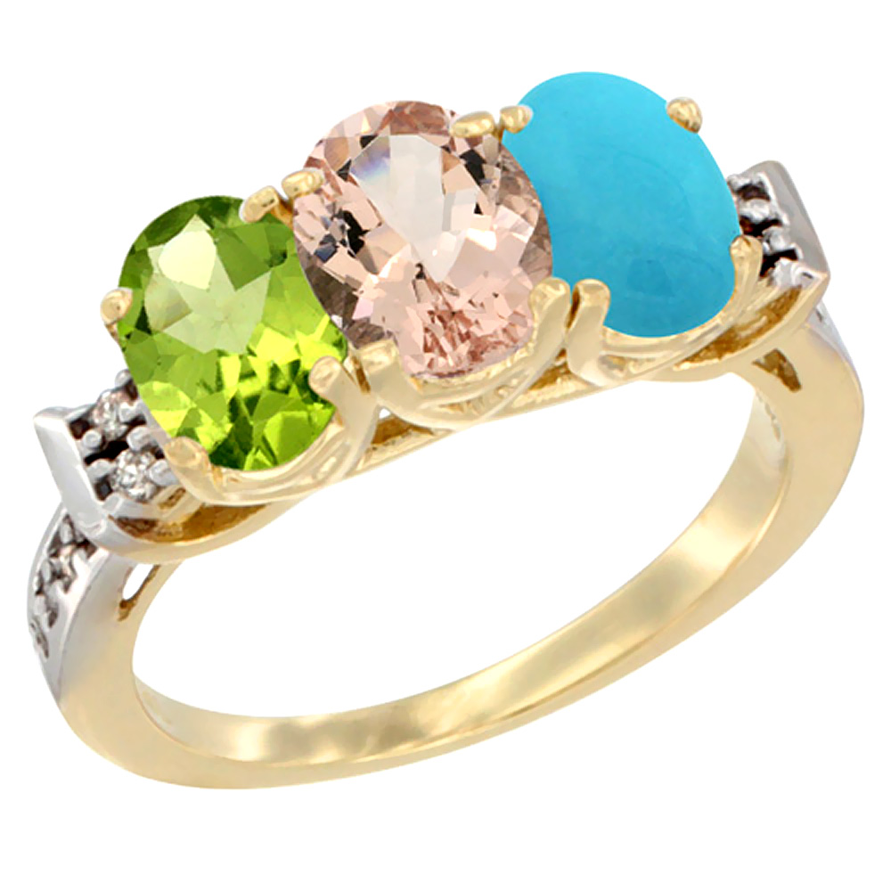 14K Yellow Gold Natural Peridot, Morganite &amp; Turquoise Ring 3-Stone Oval 7x5 mm Diamond Accent, sizes 5 - 10