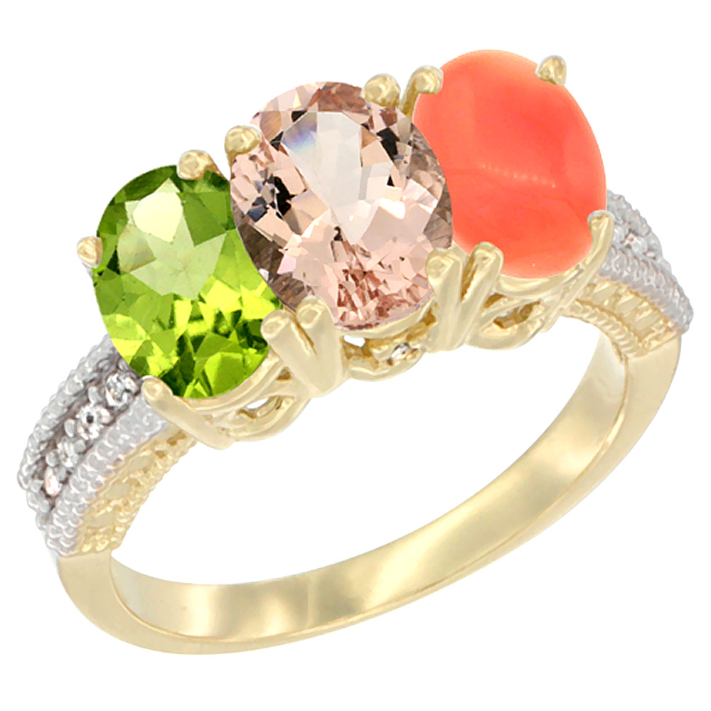 14K Yellow Gold Natural Peridot, Morganite &amp; Coral Ring 3-Stone Oval 7x5 mm Diamond Accent, sizes 5 - 10