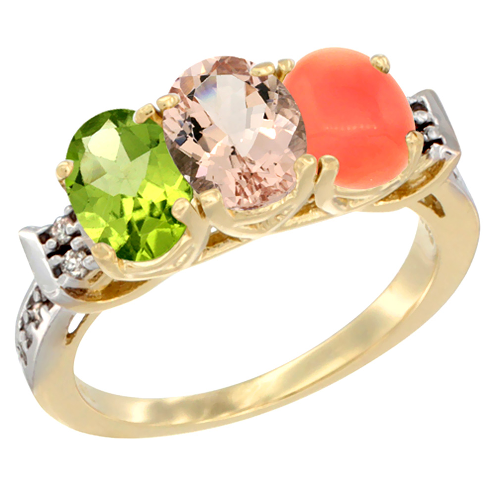 10K Yellow Gold Natural Peridot, Morganite & Coral Ring 3-Stone Oval 7x5 mm Diamond Accent, sizes 5 - 10