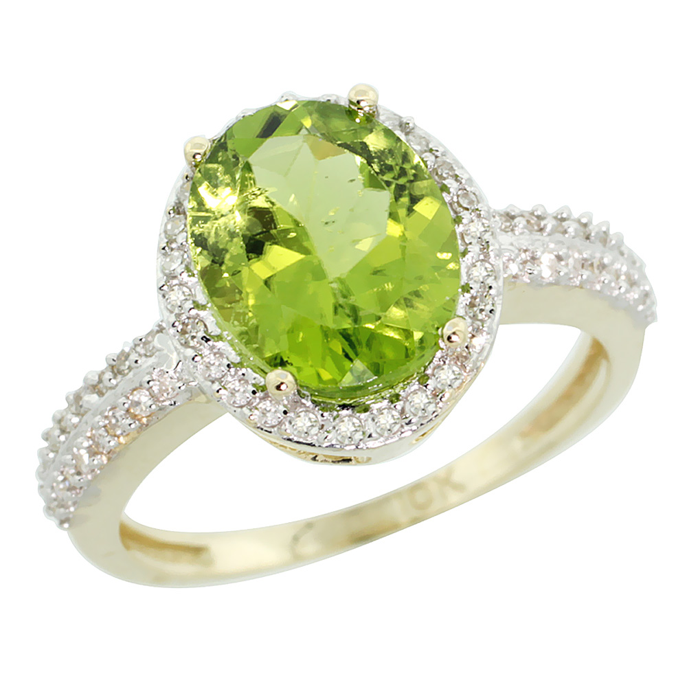 14K Yellow Gold Diamond Natural Peridot Engagement Ring Oval 10x8mm, sizes 5-10