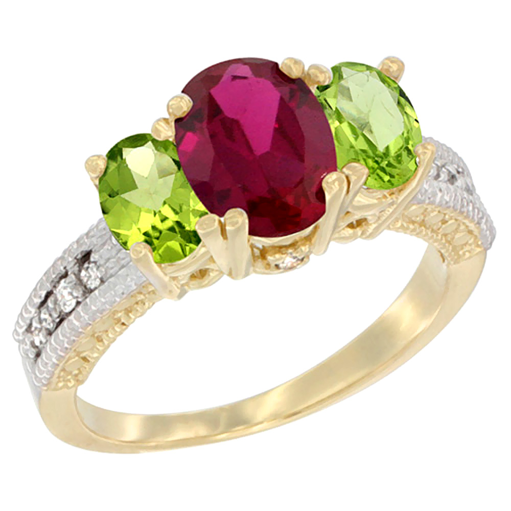 10K Yellow Gold Diamond Enhanced Ruby Ring Oval 3-stone with Peridot, sizes 5 - 10