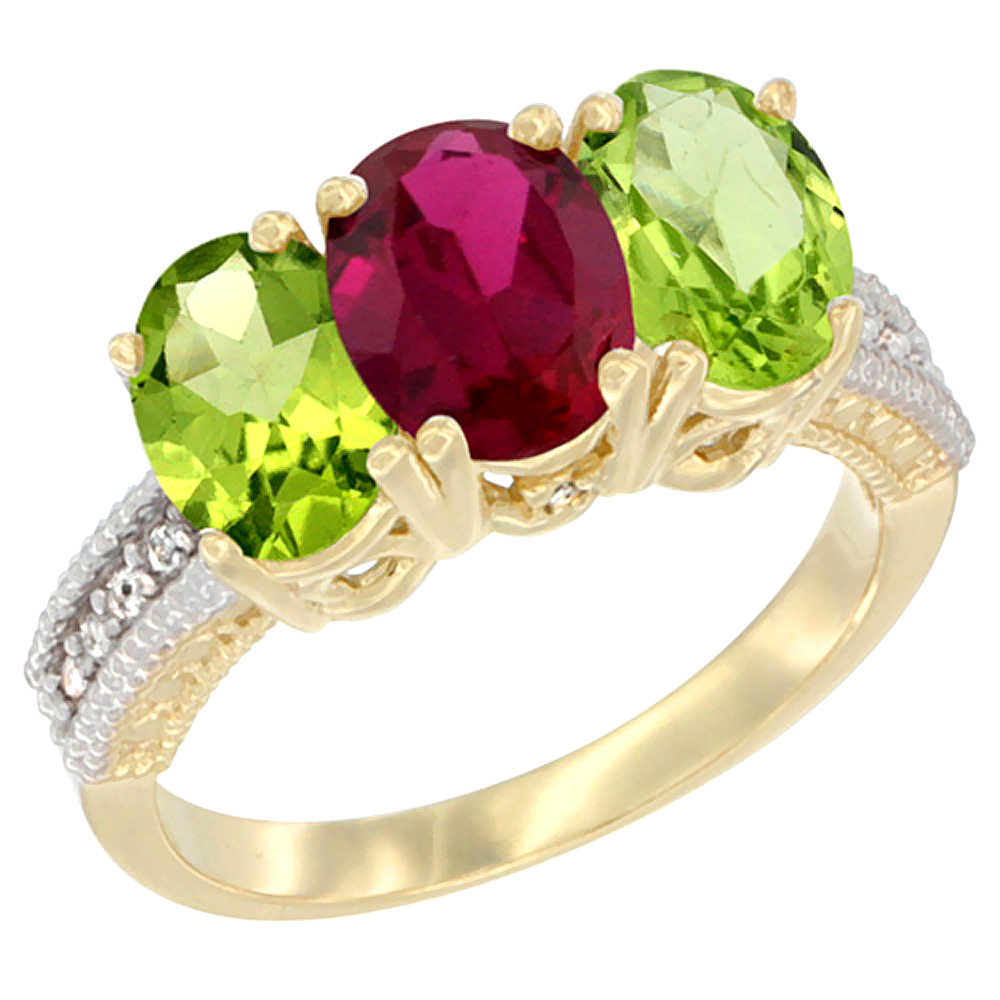 14K Yellow Gold Enhanced Enhanced Ruby &amp; Natural Peridot Sides Ring 3-Stone Oval 7x5 mm Diamond Accent, sizes 5 - 10