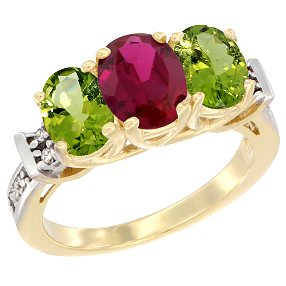 14K Yellow Gold Enhanced Ruby & Peridot Sides Ring 3-Stone Oval Diamond Accent, sizes 5 - 10