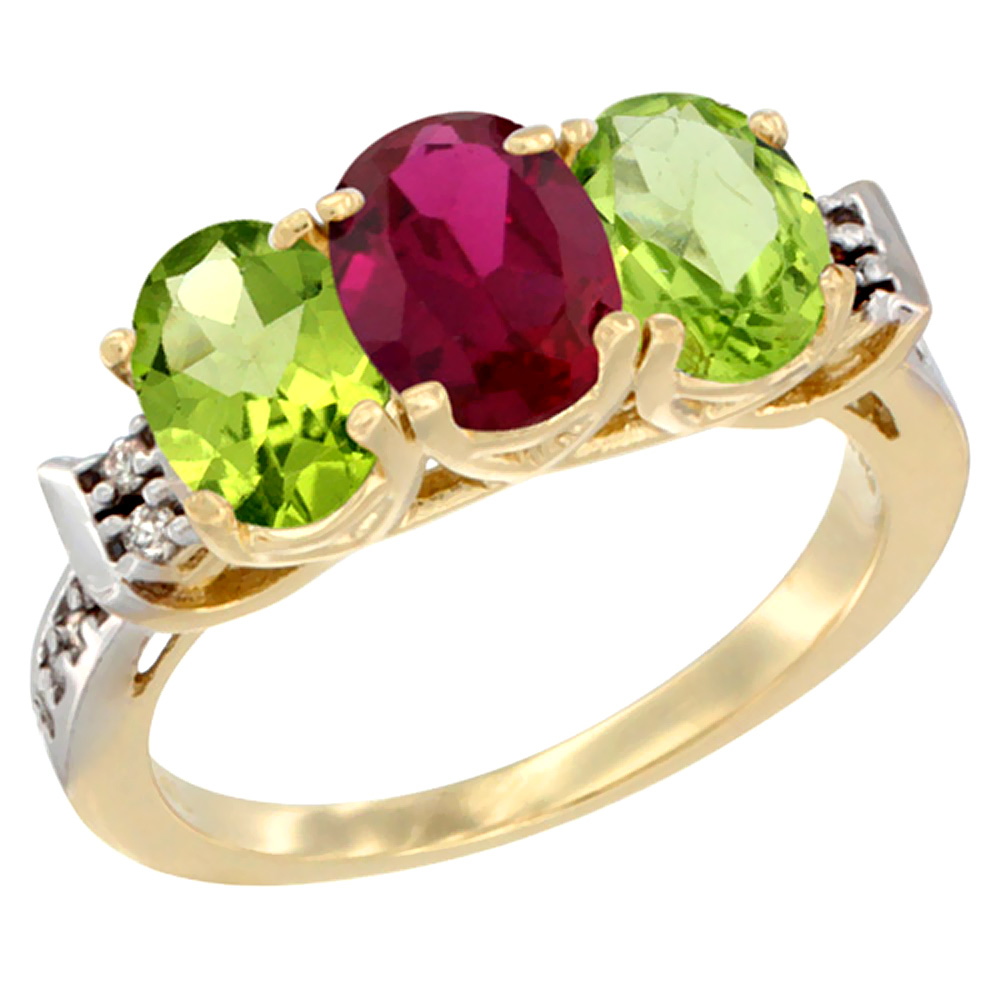14K Yellow Gold Enhanced Ruby & Natural Peridot Sides Ring 3-Stone Oval 7x5 mm Diamond Accent, sizes 5 - 10