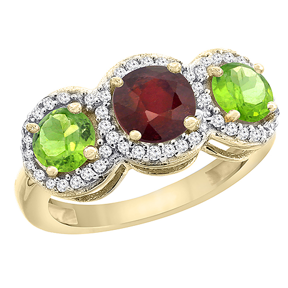 10K Yellow Gold Enhanced Ruby &amp; Peridot Sides Round 3-stone Ring Diamond Accents, sizes 5 - 10