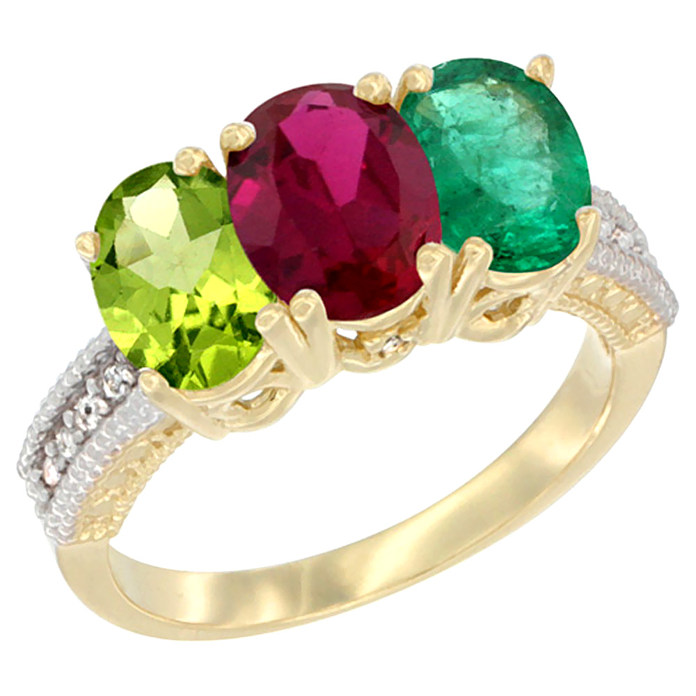 14K Yellow Gold Natural Peridot, Enhanced Ruby &amp; Natural Emerald Ring 3-Stone Oval 7x5 mm Diamond Accent, sizes 5 - 10
