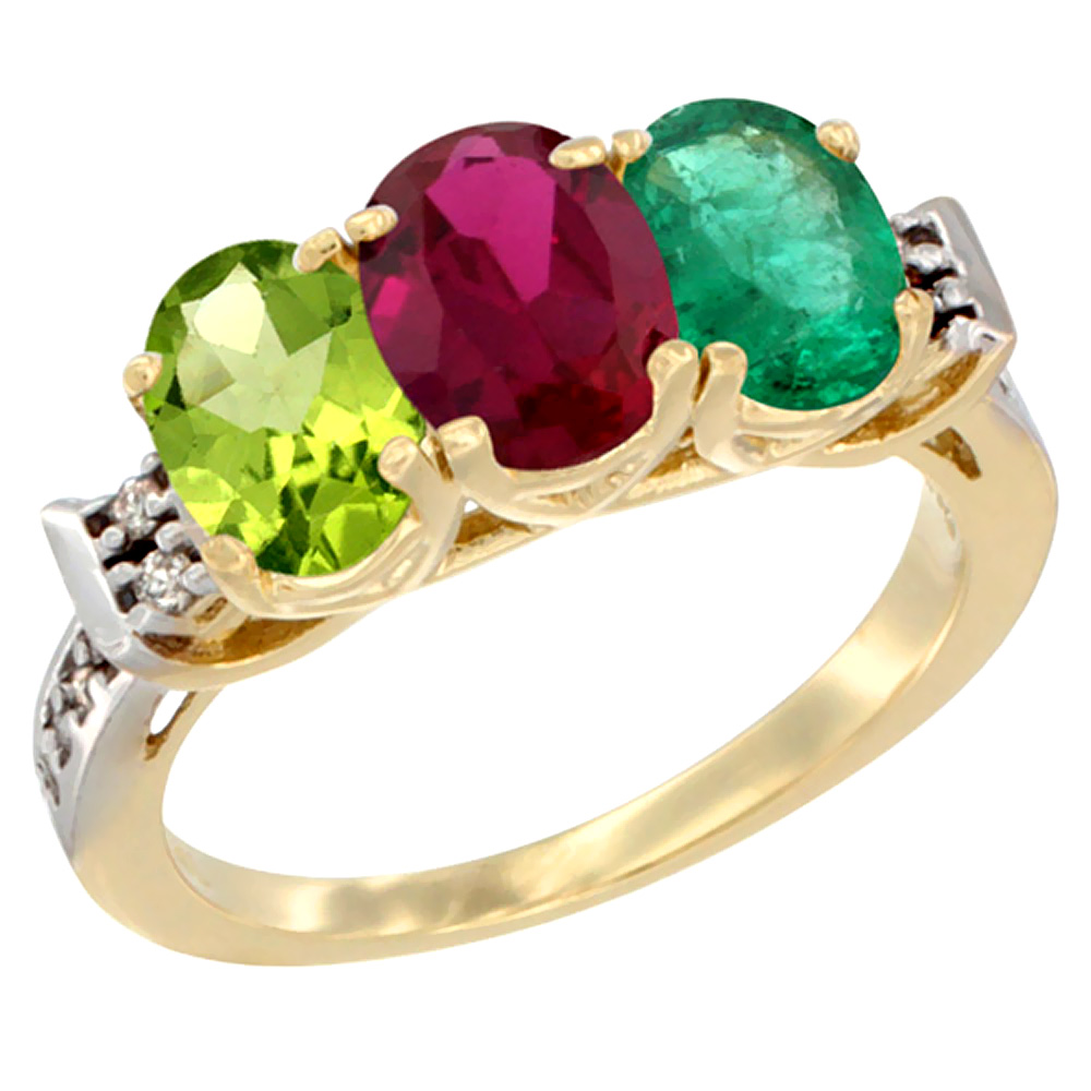 10K Yellow Gold Natural Peridot, Enhanced Ruby &amp; Natural Emerald Ring 3-Stone Oval 7x5 mm Diamond Accent, sizes 5 - 10