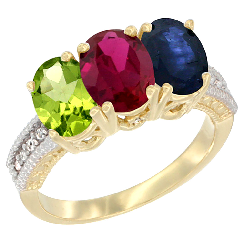 10K Yellow Gold Natural Peridot, Enhanced Ruby & Blue Sapphire Ring 3-Stone Oval 7x5 mm, sizes 5 - 10