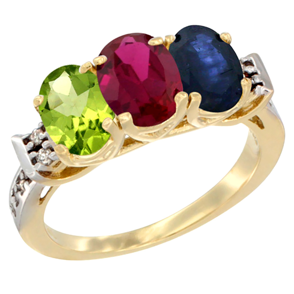 10K Yellow Gold Natural Peridot, Enhanced Ruby & Natural Blue Sapphire Ring 3-Stone Oval 7x5 mm Diamond Accent, sizes 5 - 10