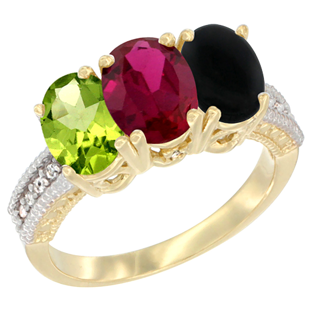 14K Yellow Gold Natural Peridot, Enhanced Ruby & Natural Black Onyx Ring 3-Stone Oval 7x5 mm Diamond Accent, sizes 5 - 10