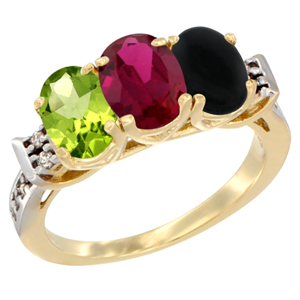 10K Yellow Gold Natural Peridot, Enhanced Ruby & Natural Black Onyx Ring 3-Stone Oval 7x5 mm Diamond Accent, sizes 5 - 10