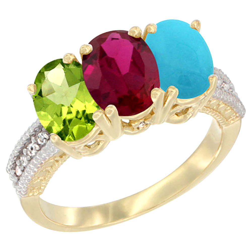14K Yellow Gold Natural Peridot, Enhanced Ruby &amp; Natural Turquoise Ring 3-Stone Oval 7x5 mm Diamond Accent, sizes 5 - 10