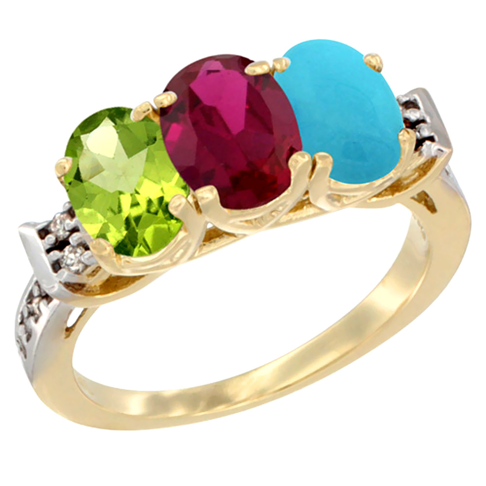10K Yellow Gold Natural Peridot, Enhanced Ruby &amp; Natural Turquoise Ring 3-Stone Oval 7x5 mm Diamond Accent, sizes 5 - 10