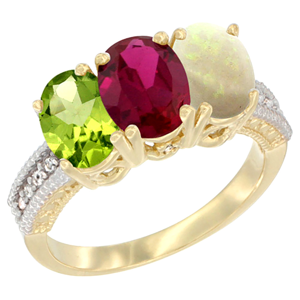10K Yellow Gold Natural Peridot, Enhanced Ruby &amp; Opal Ring 3-Stone Oval 7x5 mm, sizes 5 - 10