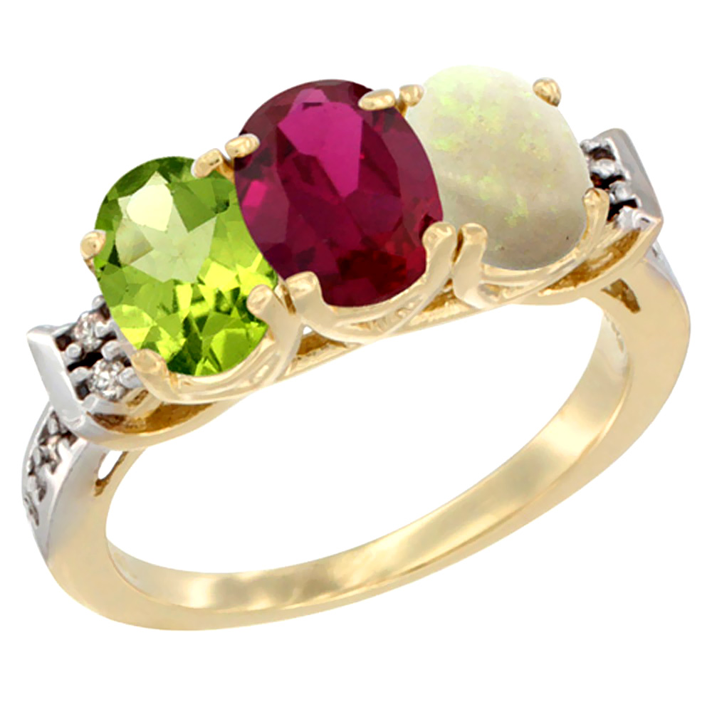 10K Yellow Gold Natural Peridot, Enhanced Ruby &amp; Natural Opal Ring 3-Stone Oval 7x5 mm Diamond Accent, sizes 5 - 10