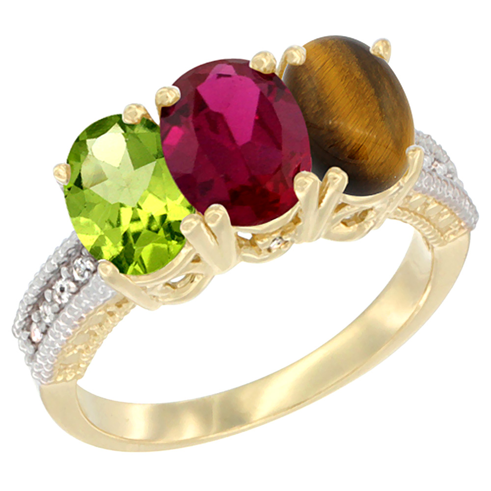 14K Yellow Gold Natural Peridot, Enhanced Ruby & Natural Tiger Eye Ring 3-Stone Oval 7x5 mm Diamond Accent, sizes 5 - 10
