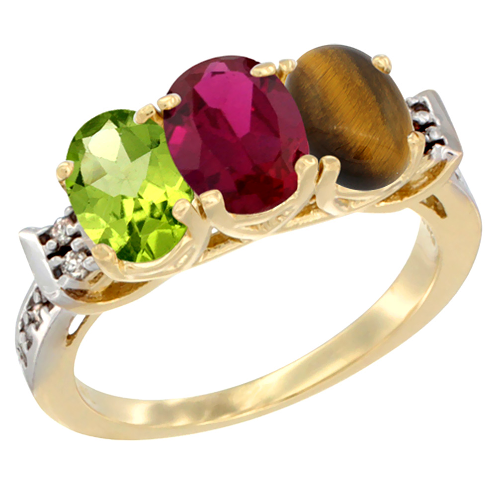 10K Yellow Gold Natural Peridot, Enhanced Ruby & Natural Tiger Eye Ring 3-Stone Oval 7x5 mm Diamond Accent, sizes 5 - 10