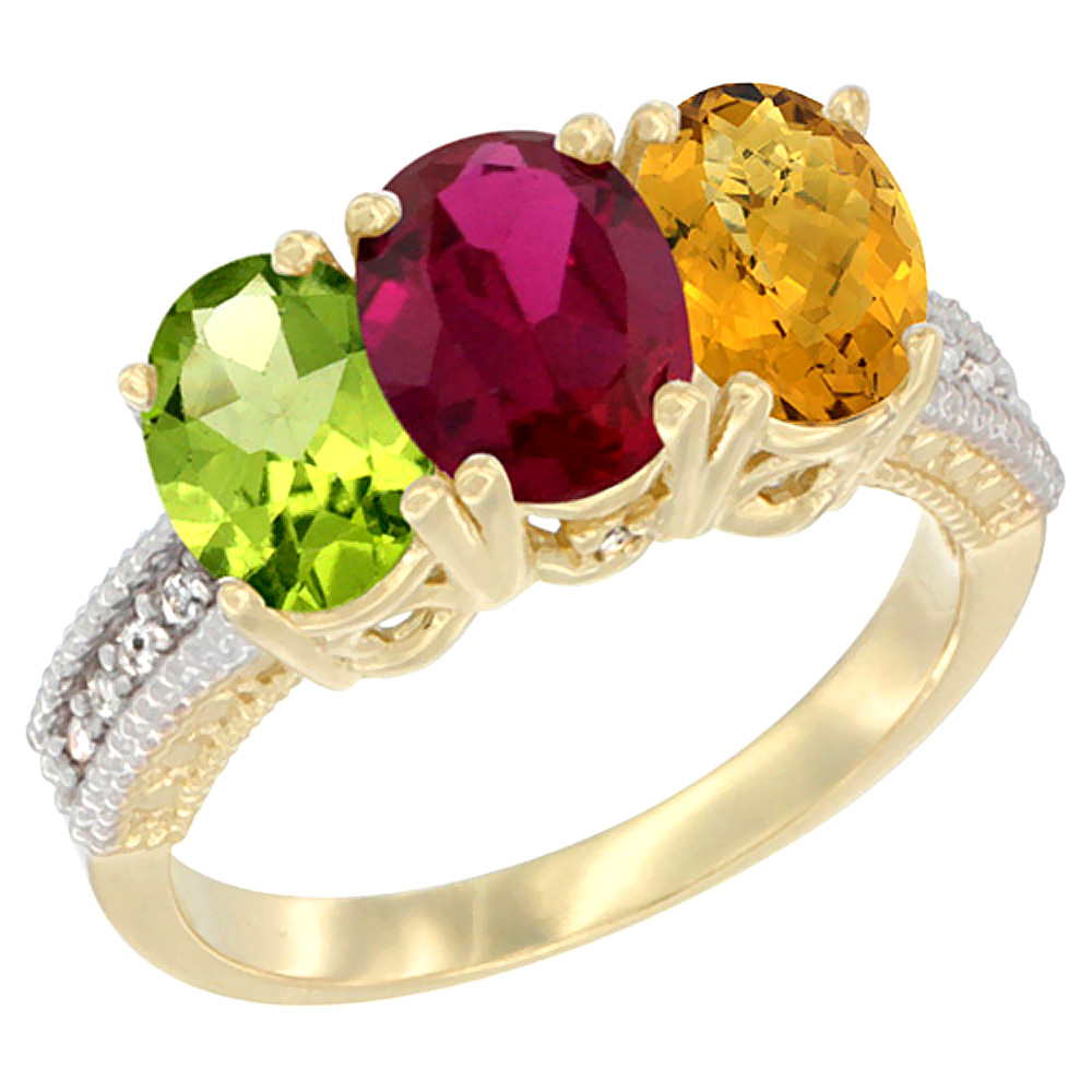 14K Yellow Gold Natural Peridot, Enhanced Ruby &amp; Natural Whisky Quartz Ring 3-Stone Oval 7x5 mm Diamond Accent, sizes 5 - 10