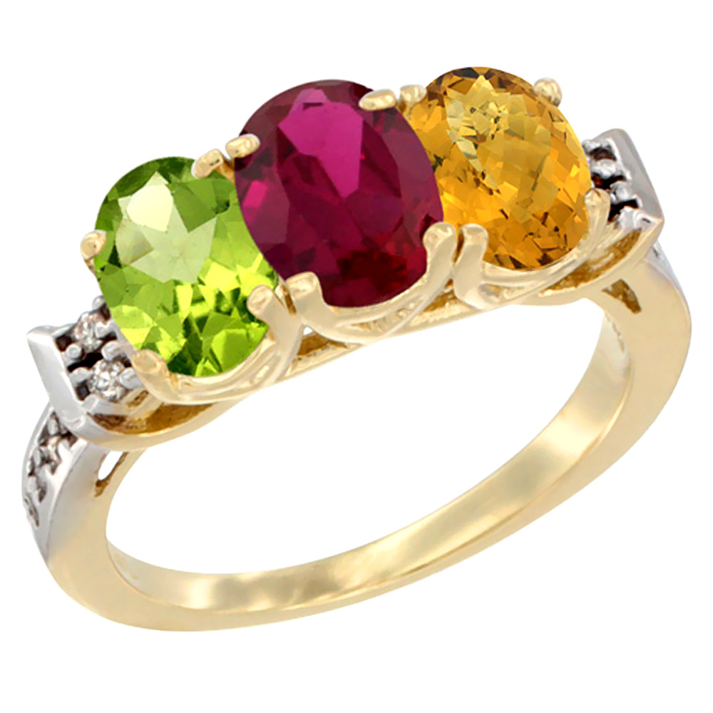 14K Yellow Gold Natural Peridot, Enhanced Ruby & Natural Whisky Quartz Ring 3-Stone Oval 7x5 mm Diamond Accent, sizes 5 - 10
