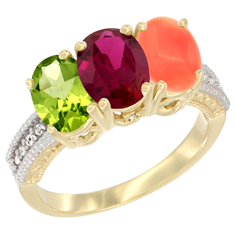 14K Yellow Gold Natural Peridot, Enhanced Ruby &amp; Natural Coral Ring 3-Stone Oval 7x5 mm Diamond Accent, sizes 5 - 10