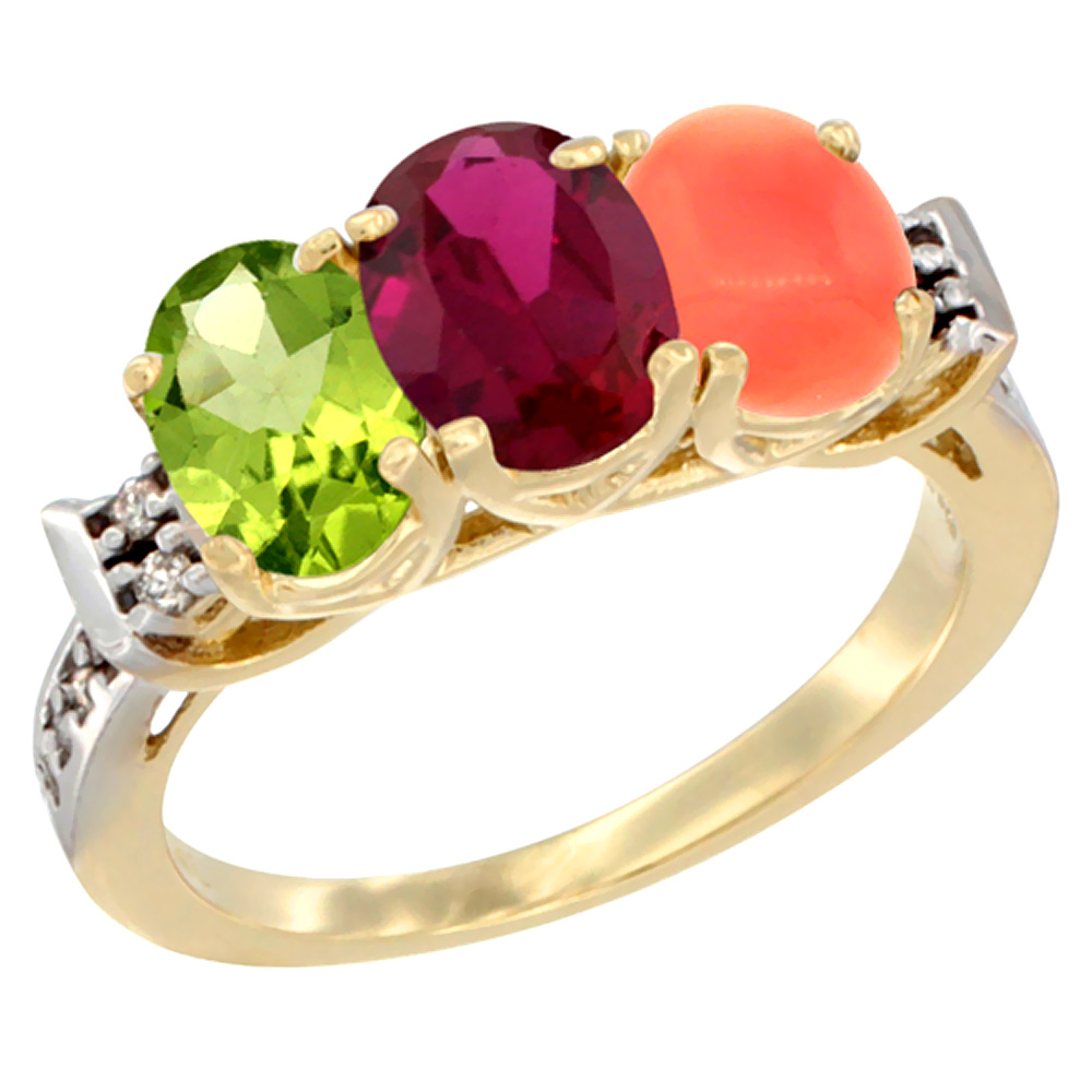 10K Yellow Gold Natural Peridot, Enhanced Ruby &amp; Natural Coral Ring 3-Stone Oval 7x5 mm Diamond Accent, sizes 5 - 10