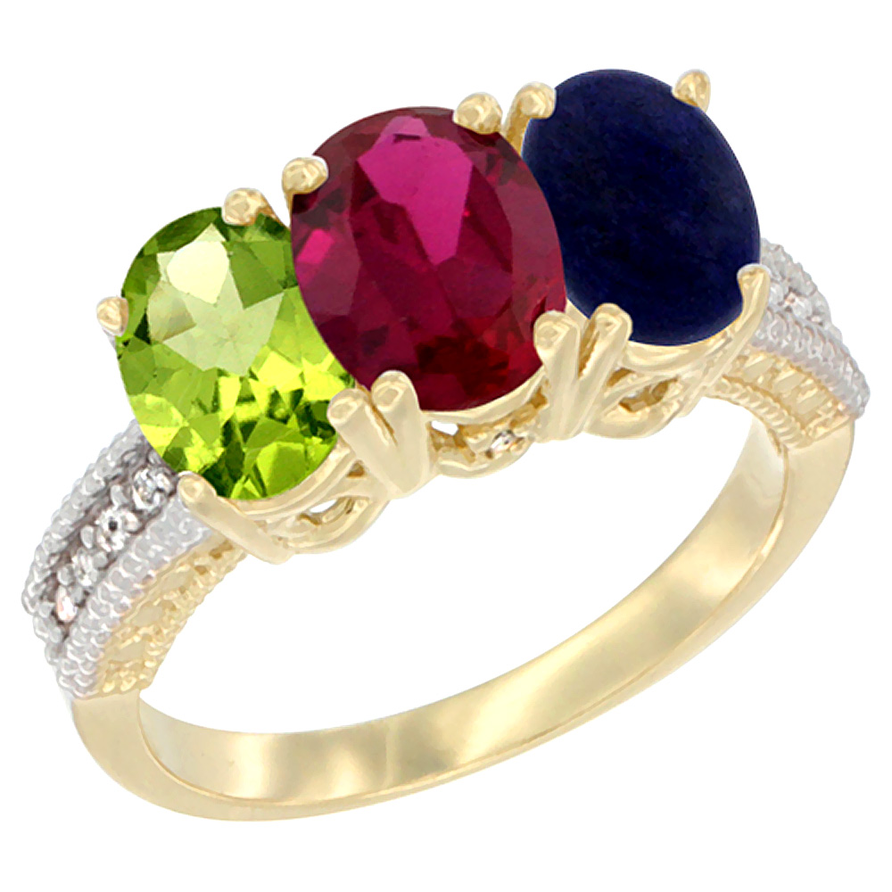 14K Yellow Gold Natural Peridot, Enhanced Ruby &amp; Natural Lapis Ring 3-Stone Oval 7x5 mm Diamond Accent, sizes 5 - 10