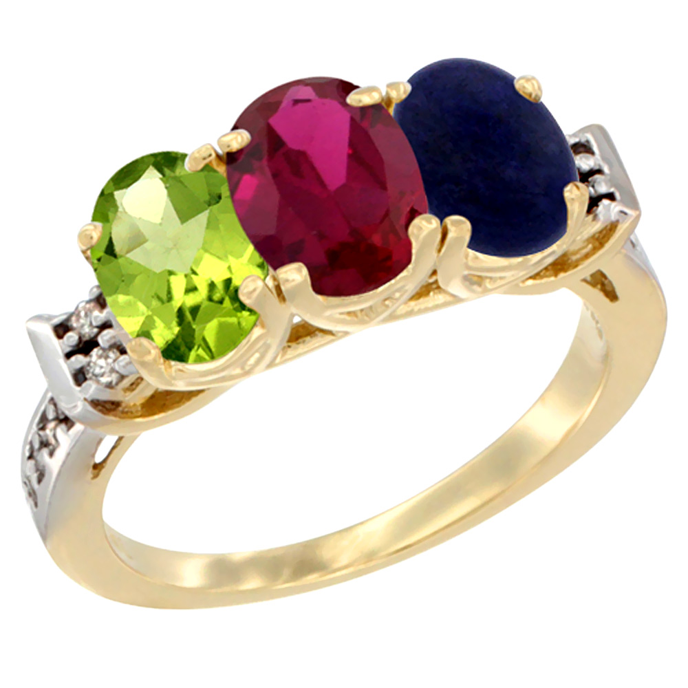 10K Yellow Gold Natural Peridot, Enhanced Ruby &amp; Natural Lapis Ring 3-Stone Oval 7x5 mm Diamond Accent, sizes 5 - 10
