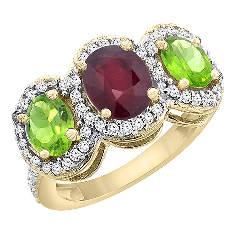 14K Yellow Gold Natural Quality Ruby 3-stone Mothers Ring Oval Diamond Accent, size 5 - 10