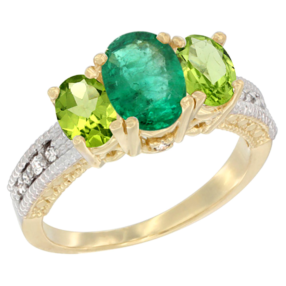 14K Yellow Gold Diamond Natural Quality Emerald 7x5mm & 6x4mm Peridot Oval 3-stone Mothers Ring,size 5-10