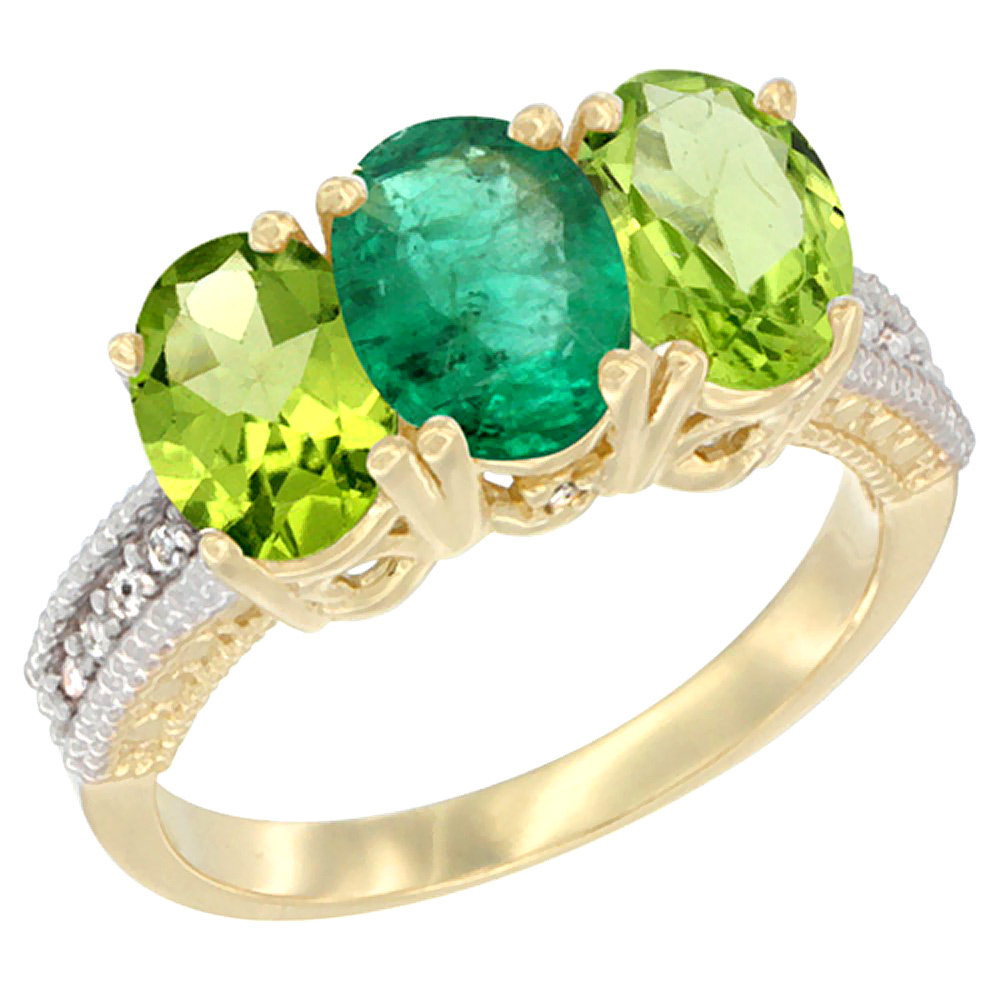 14K Yellow Gold Natural Emerald & Peridot Sides Ring 3-Stone Oval 7x5 mm Diamond Accent, sizes 5 - 10