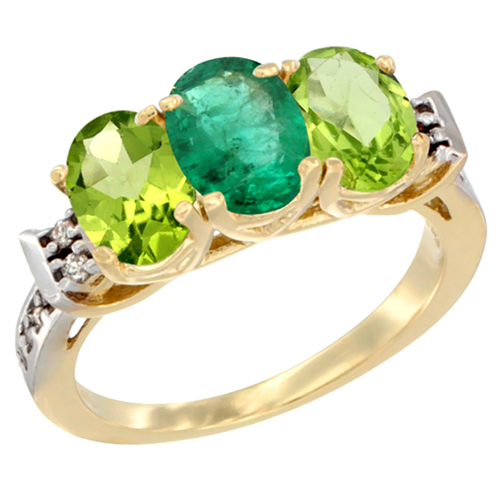 10K Yellow Gold Natural Emerald &amp; Peridot Sides Ring 3-Stone Oval 7x5 mm Diamond Accent, sizes 5 - 10