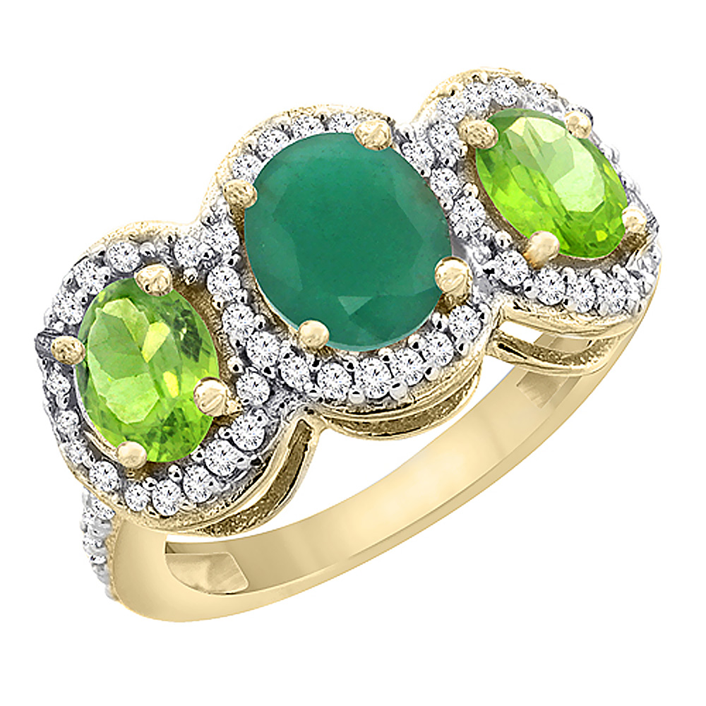 10K Yellow Gold Natural Cabochon Emerald &amp; Peridot 3-Stone Ring Oval Diamond Accent, sizes 5 - 10