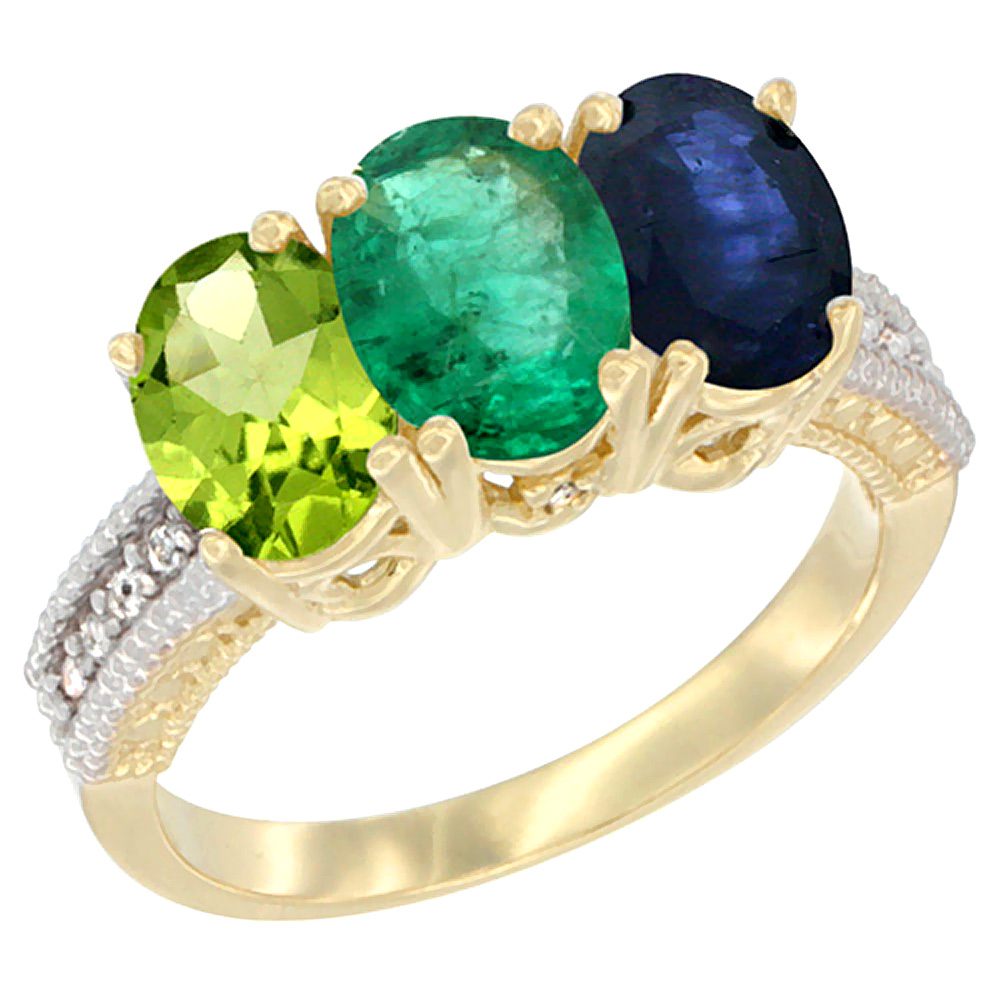 14K Yellow Gold Natural Peridot, Emerald &amp; Blue Sapphire Ring 3-Stone Oval 7x5 mm Diamond Accent, sizes 5 - 10
