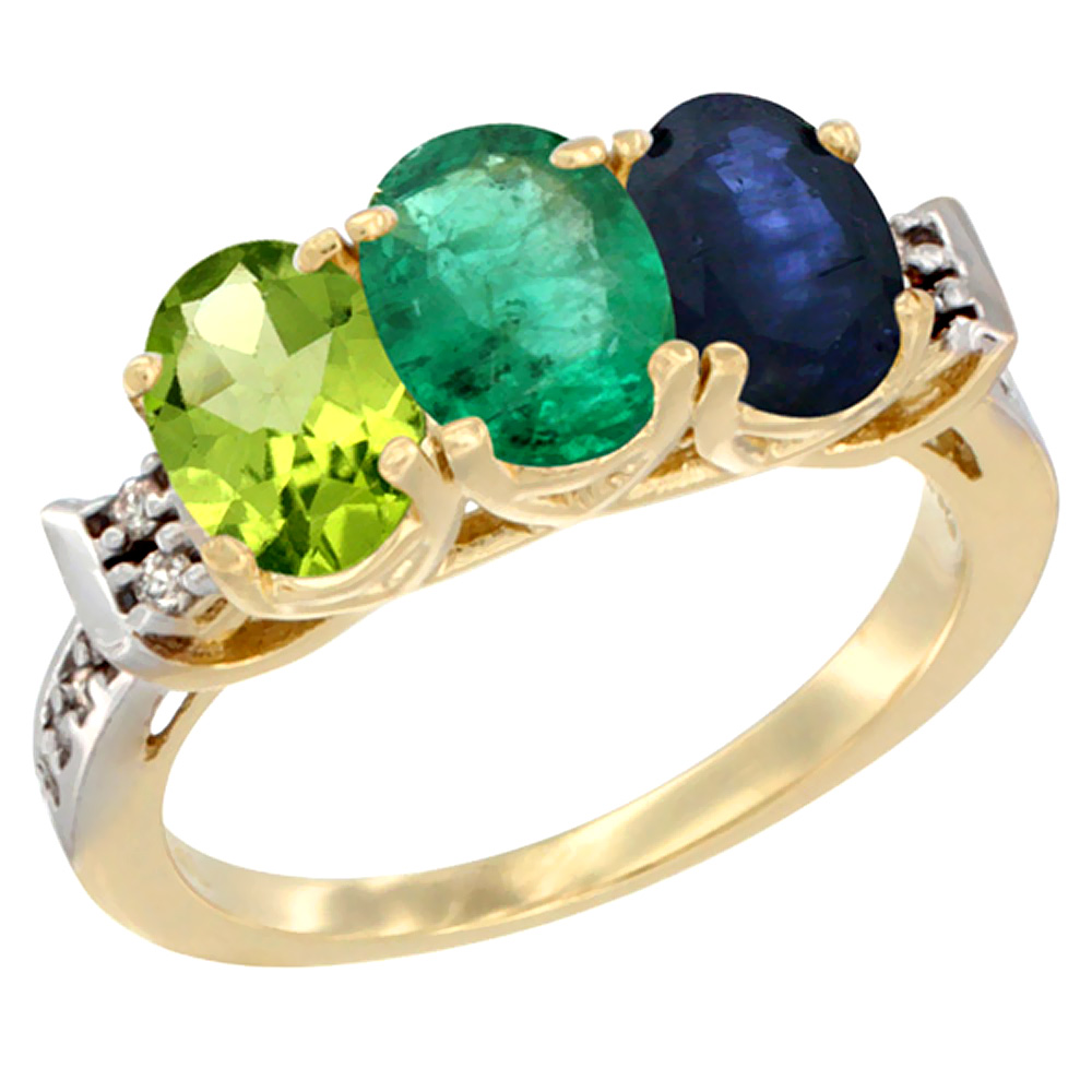 10K Yellow Gold Natural Peridot, Emerald &amp; Blue Sapphire Ring 3-Stone Oval 7x5 mm Diamond Accent, sizes 5 - 10